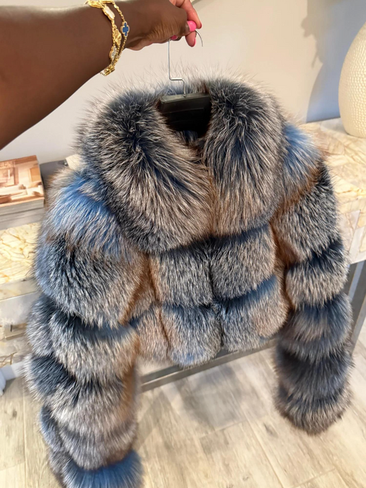 Blue-Gray Gradient Patchwork Faux Fox Fur Cropped Coat