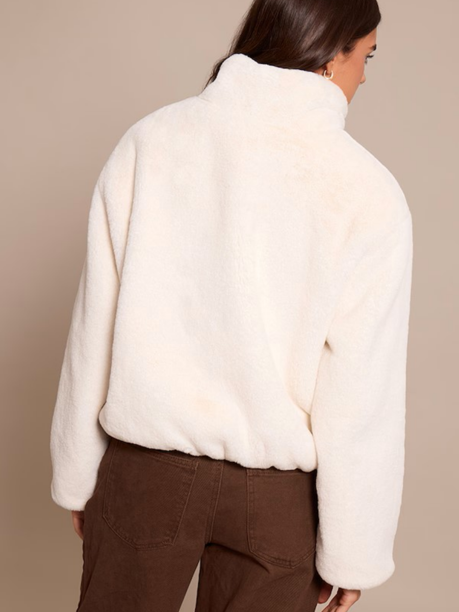 White Plush Faux Fur Cropped Bomber Style Coat