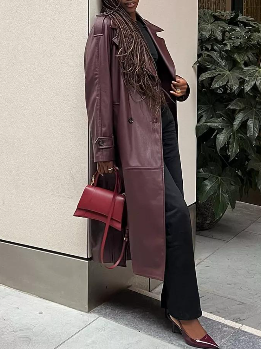 Burgundy Faux Leather Trench Coat
