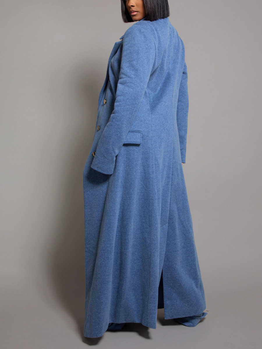 Denim-Blue Brushed Fabric Oversized Coat & Cargo Pants Co-Ord Set