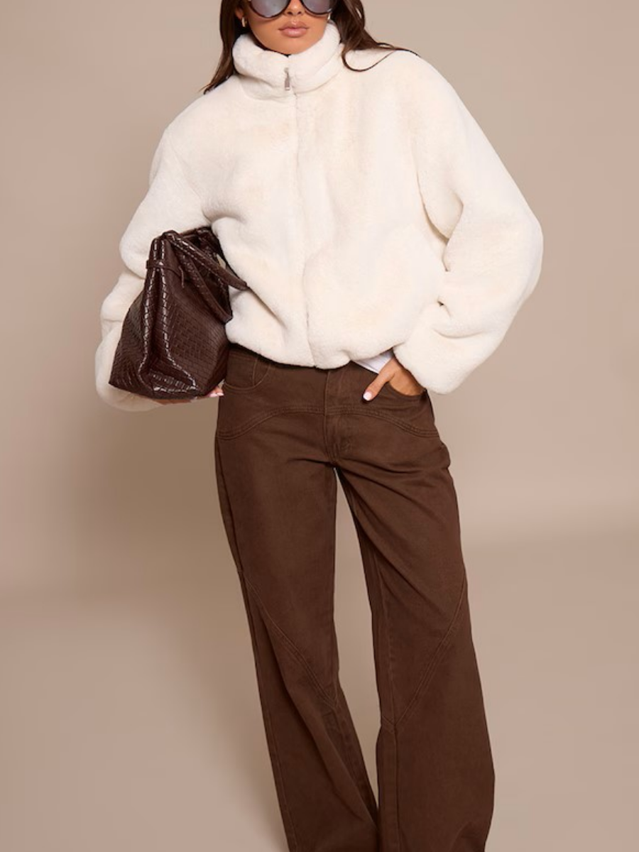 White Plush Faux Fur Cropped Bomber Style Coat