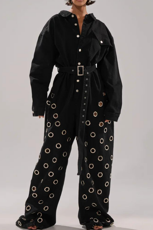 Black Denim Eyelet Wide-Leg Jumpsuit