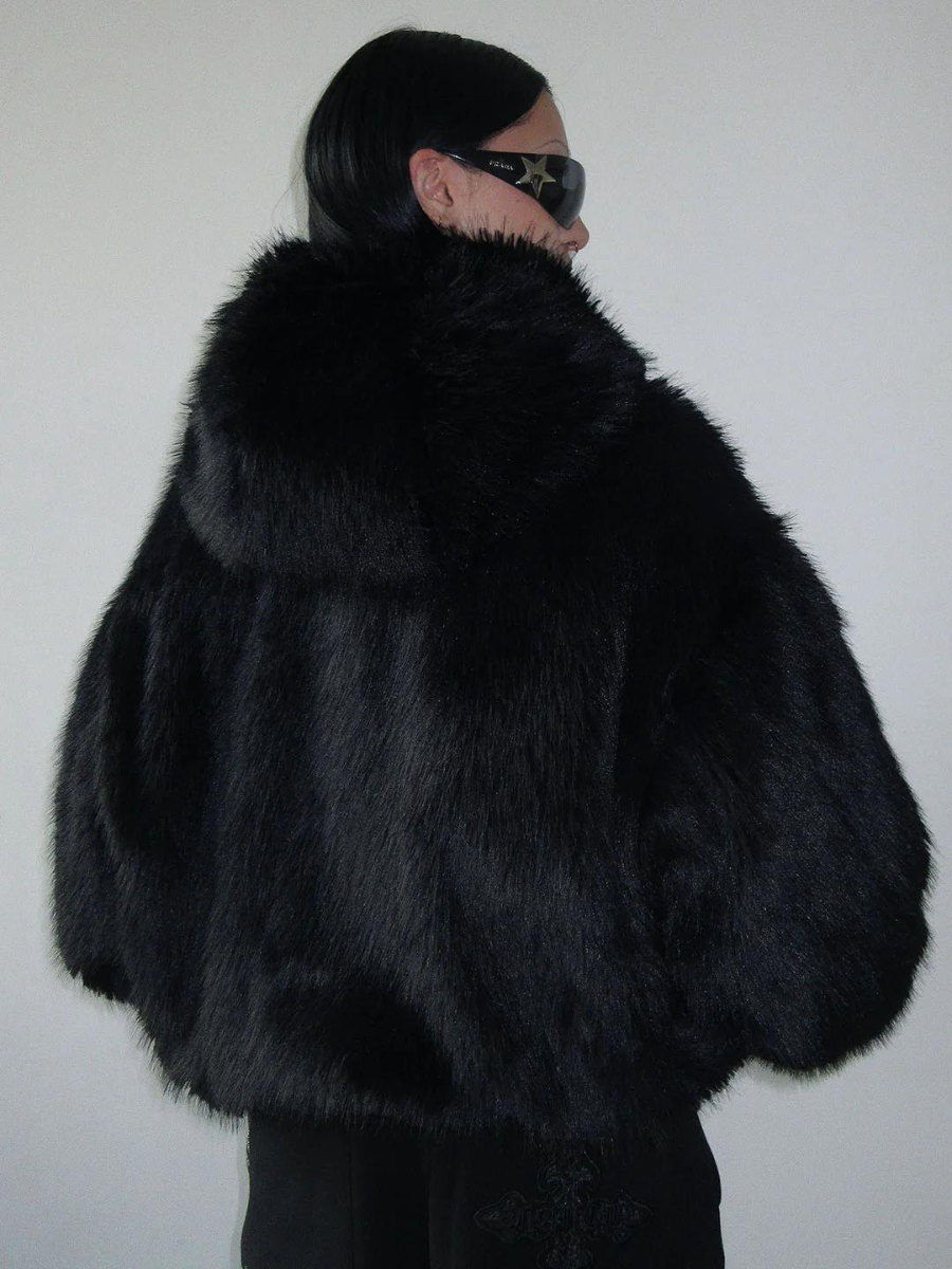 Black Goth Faux Fur Hooded Jacket with Embossed Cross