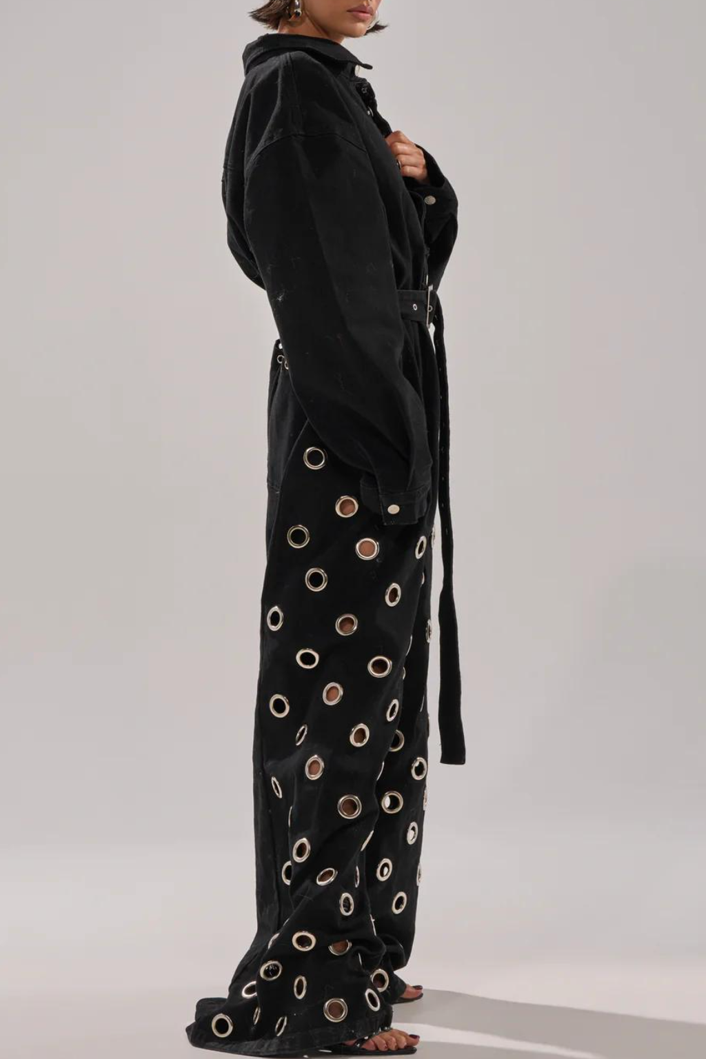 Black Denim Eyelet Wide-Leg Jumpsuit