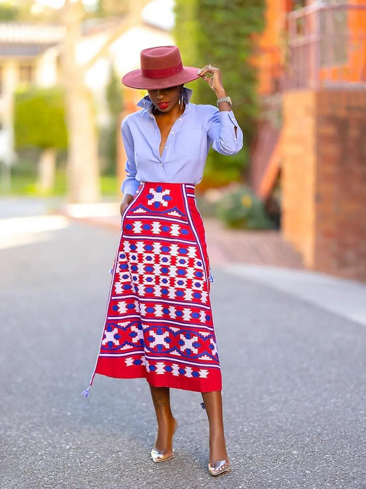 Embroidered Tribal Pattern A-Line Midi Skirt