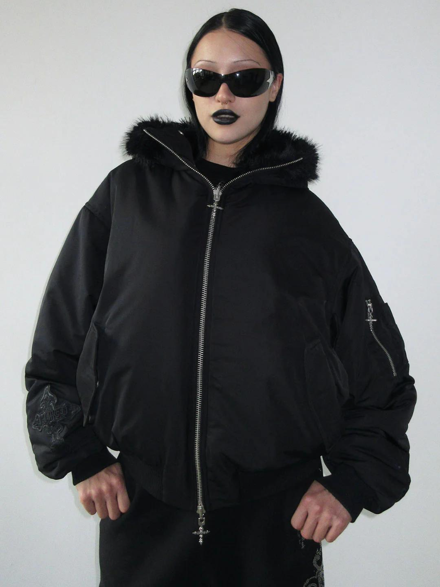 Black Goth Faux Fur Hooded Jacket with Embossed Cross