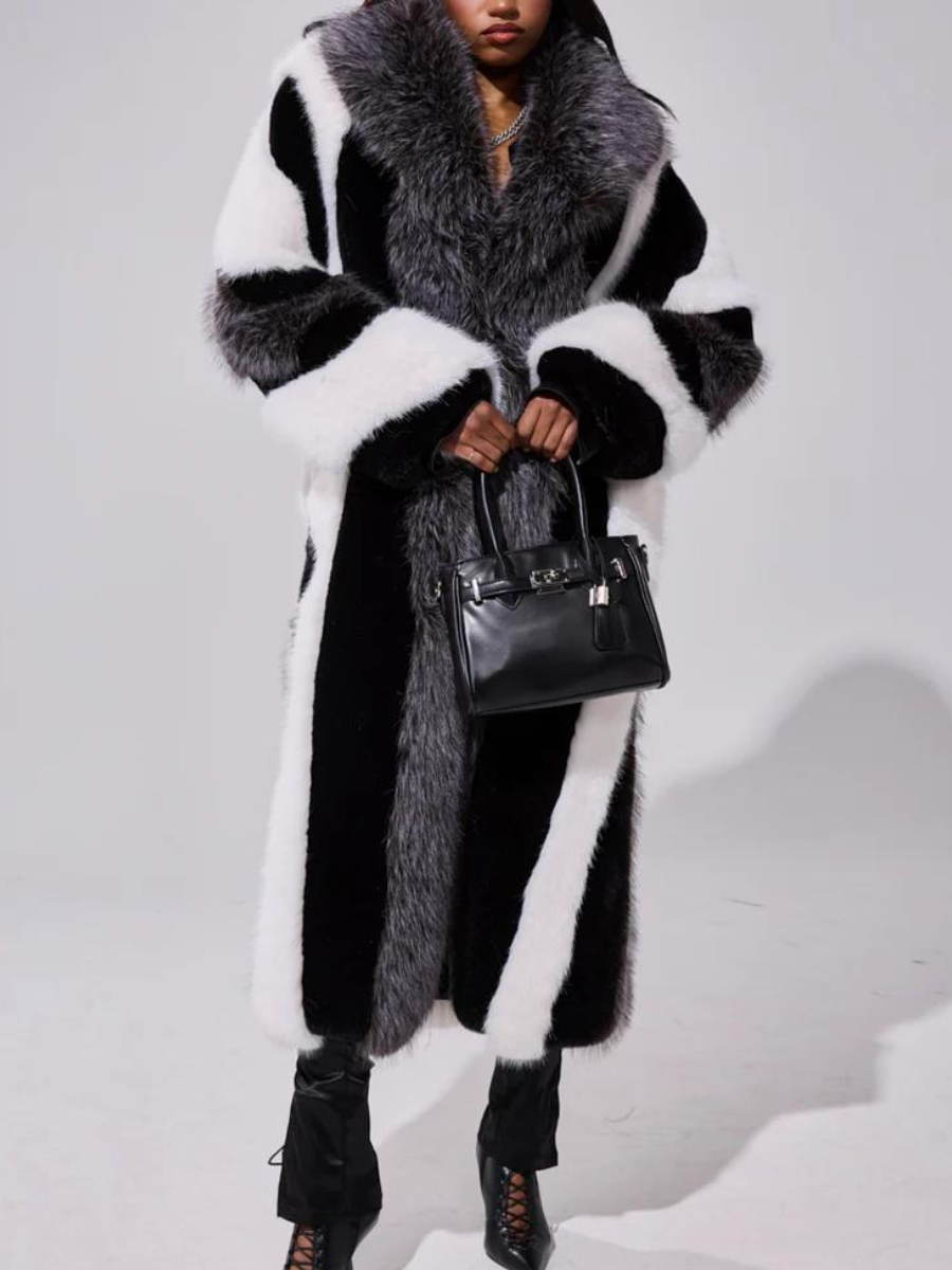 Black & White Patchwork Faux Fur Maxi Coat