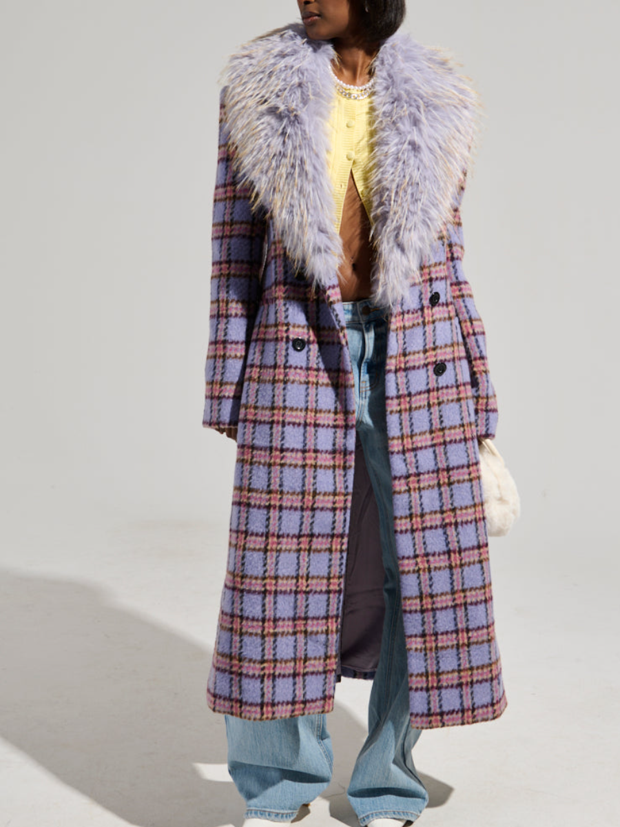 Plaid Plush Collar Long Coat