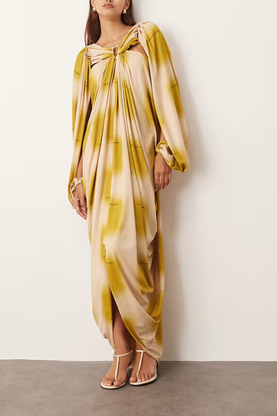 Golden Tie-Dye Draped Maxi Dress