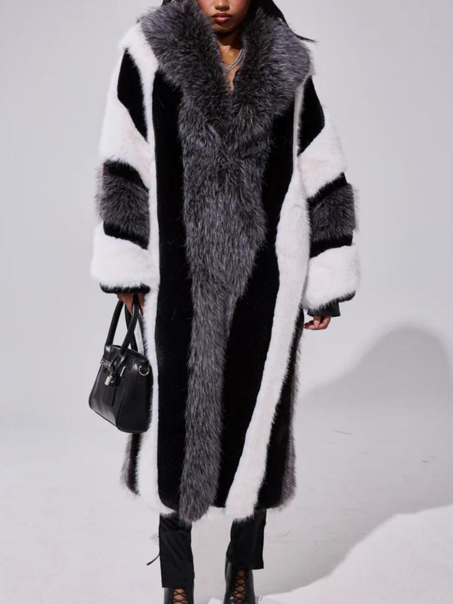 Black & White Patchwork Faux Fur Maxi Coat