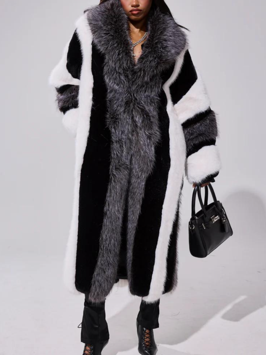 Black & White Patchwork Faux Fur Maxi Coat