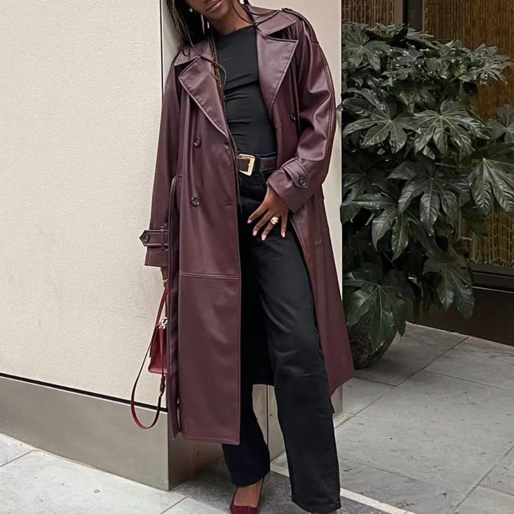 Burgundy Faux Leather Trench Coat